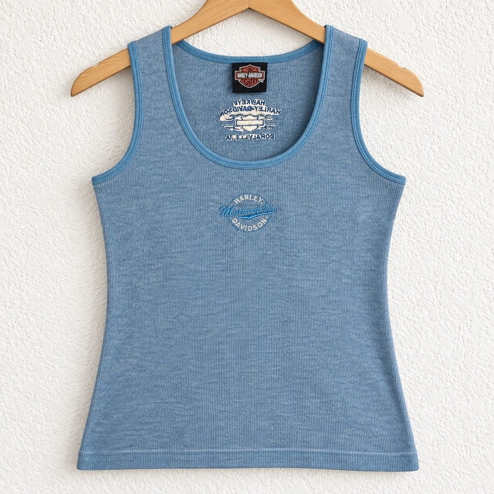 Harley-Davidson Motorcycles Hawkeye Coralville IA Ribbed Tank Top Blue Medium